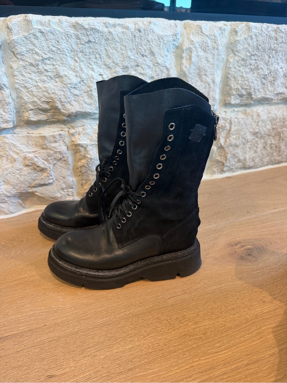 Black Lace-Up Combat Boots with Chunky Sole Size 7